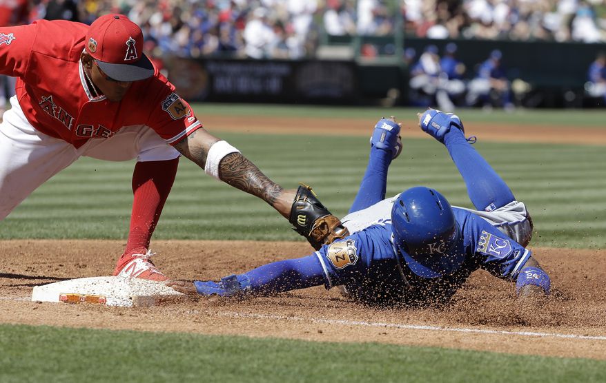 Kansas City Royals&#x27; Christian Colon, right, dives safe back to first before the tag of Los Angeles Angels&#x27; Jefry Marte during the third inning of a spring training baseball game Sunday, March 26, 2017, in Tempe, Ariz. (AP Photo/Darron Cummings)