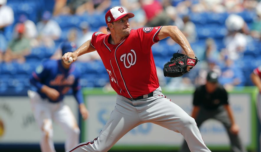 Washington Nationals starting pitcher Max Scherzer (31) works in the fifth inning of a spring training baseball game against the New York Mets Monday, March 27, 2017, in Port St. Lucie, Fla. (AP Photo/John Bazemore)