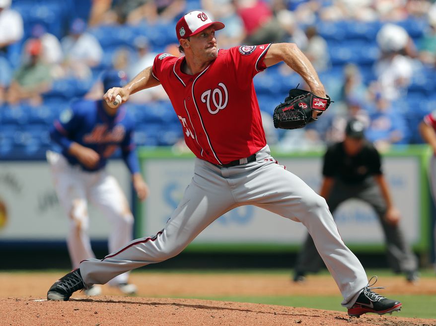 Washington Nationals starting pitcher Max Scherzer (31) works in the fifth inning of a spring training baseball game against the New York Mets Monday, March 27, 2017, in Port St. Lucie, Fla. (AP Photo/John Bazemore)