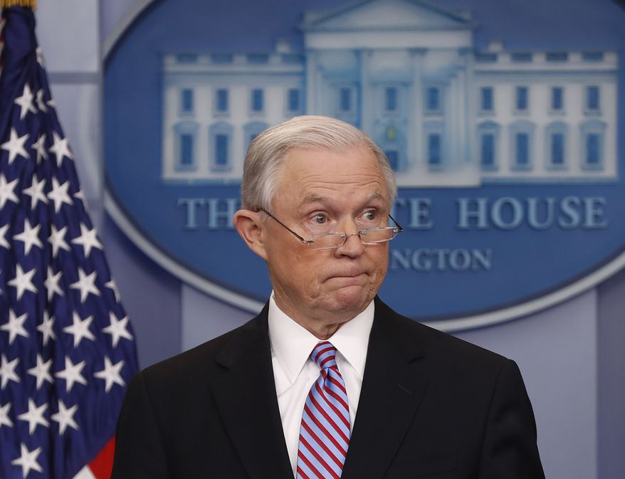 Attorney General Jeff Sessions pauses while speaking to members of the media during the daily briefing in the Brady Press Briefing Room of the White House in Washington, Monday, March 27, 2017. (AP Photo/Pablo Martinez Monsivais)