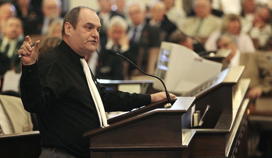 FILE - In this Wednesday, May 20, 2009, file photo, State Rep. Steve Vaillancourt speaks against an amended version of a Gay Marriage bill at the State house in Concord, N.H. Vaillancourt, a 10-term state representative known for his colorful floor speeches, has died, lawmakers said. (AP Photo/Jim Cole, File)