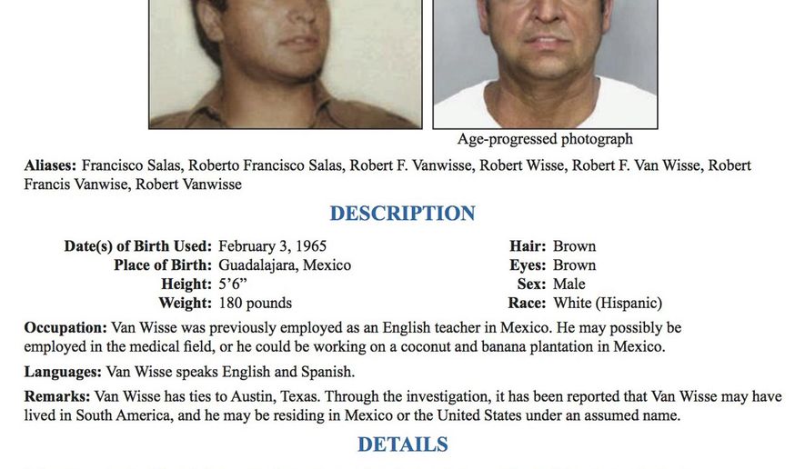 FILE - This December 2016 file image released by the FBI shows a wanted poster for Robert Van Wisse, a former University of Texas student from Mexico sought in the 1983 slaying of a cleaning woman in Austin. Van Wisse, who authorities had sought for decades in the death of Laurie Stout has pleaded guilty to a charge of murder and will be sentenced to 30 years in prison. Van Wisse entered his plea Tuesday, March 28, 2017, as part of an agreement reached earlier with prosecutors. (FBI via AP)