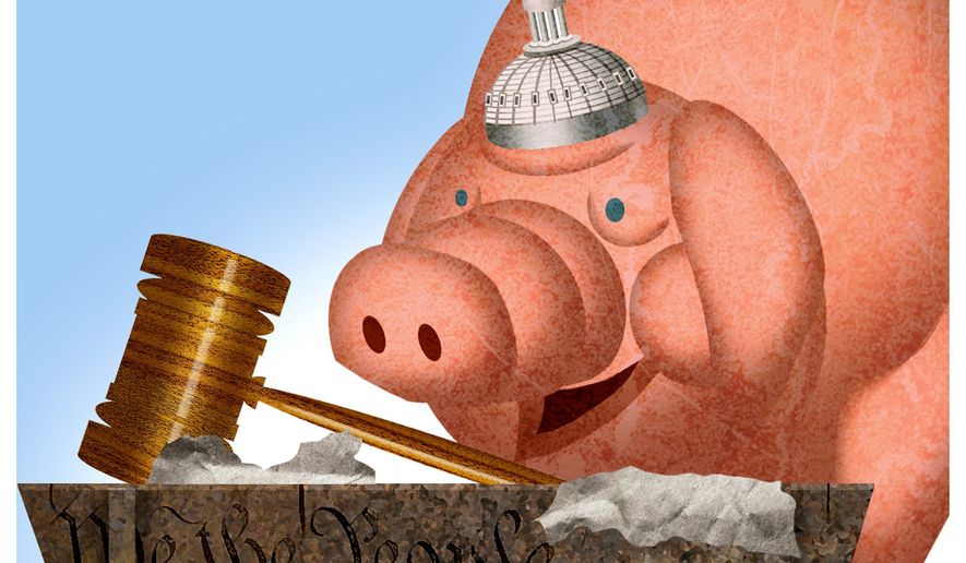Illustration on Liberal attitudes toward the Judiciary branch by Alexandewr Hunter/The Washington Times