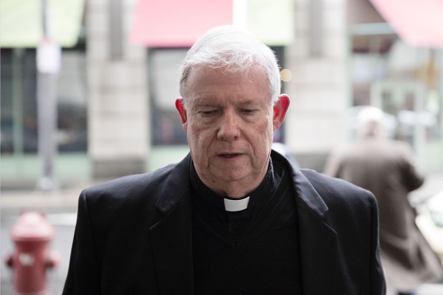 Monsignor William Lynn arrives for a preliminary hearing in his retrial of his child endangerment case at the Center for Criminal Justice, in Philadelphia, Tuesday, March 28, 2017.  Lynn is being retried after serving nearly three years of a three- to six-year sentence in a child endangerment case.  (AP Photo/Matt Rourke)