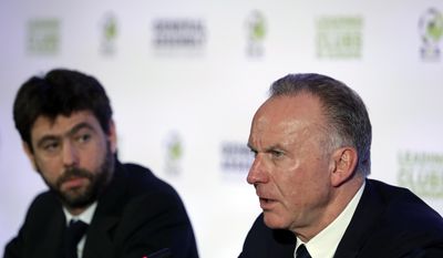 European Club Association Chairman Karl-Heinz Rummenigge, right, speaks as Andrea Agnelli president of the Italian soccer club Juventus listens him during a news conference in Athens, Tuesday, March 28, 2017. Representatives from 155 countries  attended the European Club Association&#39;s (ECA) 18th General Assembly in the Greek capital. (AP Photo/Thanassis Stavrakis)
