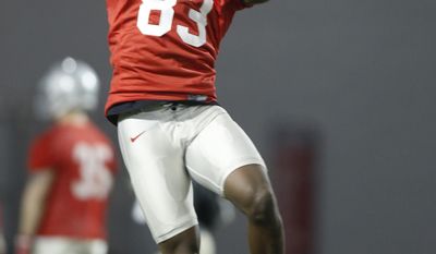 FILE - In this March 8, 2016, file photo, Ohio State wide receiver Terry McLaurin catches a pass during their Spring NCAA college football practice in Columbus, Ohio. Ohio State coach Urban Meyer said Tuesday, March 27, 2017,  that Parris Campbell is distinguishing himself at receiver, and K.J. Hill, Terry McLaurin and Binjimen Victor also are getting noticed as the Buckeyes work to improve their passing game this spring.(AP Photo/Jay LaPrete)