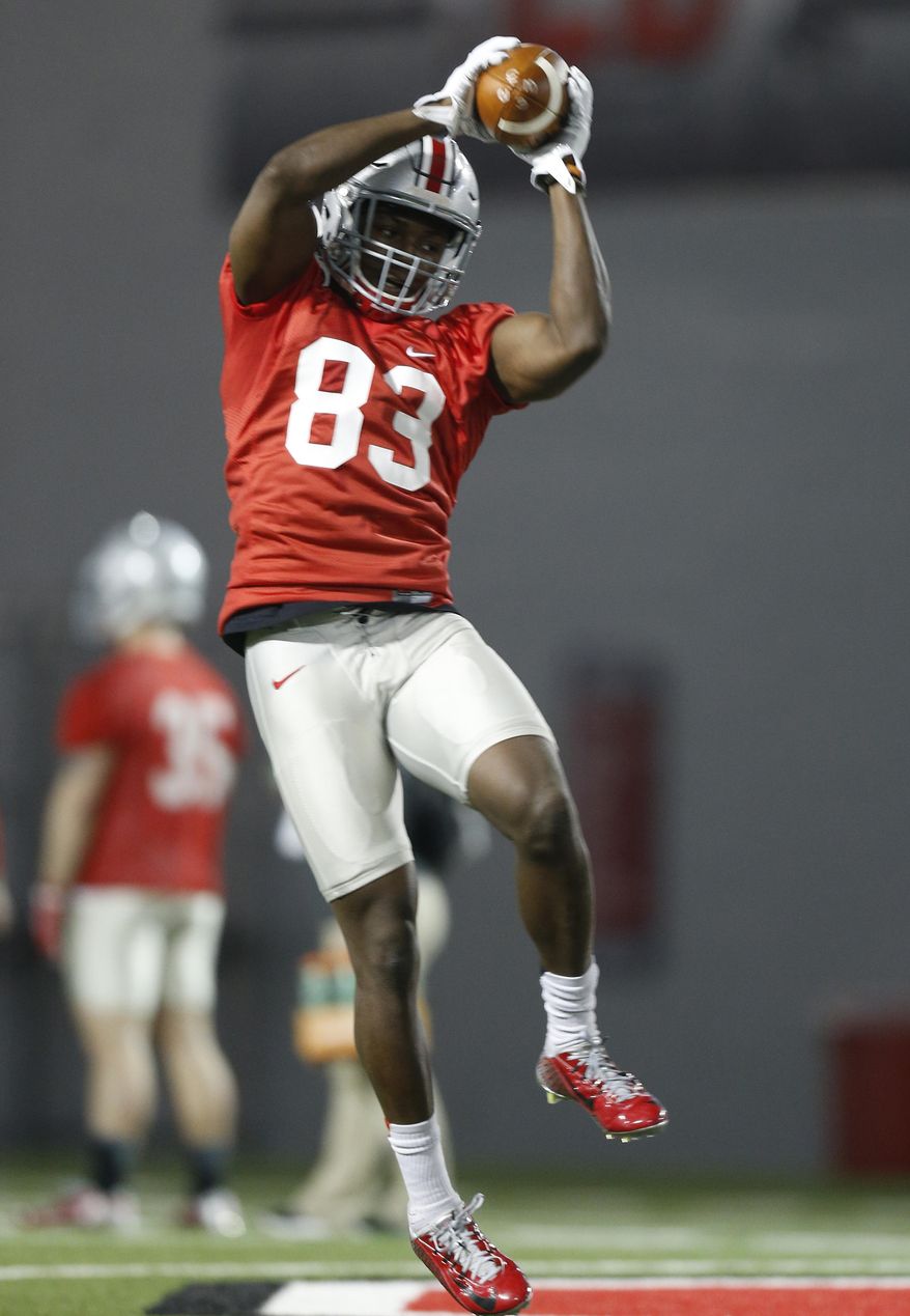 FILE - In this March 8, 2016, file photo, Ohio State wide receiver Terry McLaurin catches a pass during their Spring NCAA college football practice in Columbus, Ohio. Ohio State coach Urban Meyer said Tuesday, March 27, 2017,  that Parris Campbell is distinguishing himself at receiver, and K.J. Hill, Terry McLaurin and Binjimen Victor also are getting noticed as the Buckeyes work to improve their passing game this spring.(AP Photo/Jay LaPrete)