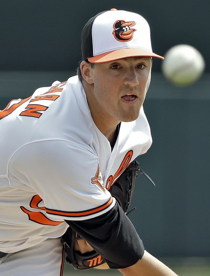 FILE - In this Tuesday, March 7, 2017, file photo, Baltimore Orioles starting pitcher Kevin Gausman warms up during the first inning of a exhibition baseball game against the Dominican Republic in Sarasota, Fla. Former first-round picks Kevin Gausman and Dylan Bundy stand atop a rotation that will start the season without ace Chris Tillman, who’s nursing a shoulder injury that will keep him on the disabled list through opening day. (AP Photo/Chris O'Meara)