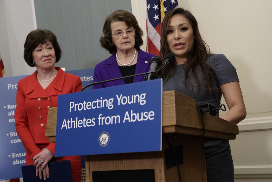 former Team USA gymnast Jeanette Antolin, right, accompanied by Sen. Susan Collins, R-Maine, left, and Sen. Dianne Feinstein, D-Calif., ranking member on the Senate Judiciary Committee, speaks during a news conference on Capitol Hill in Washington, Tuesday, March 28, 2017, to call on Congress to pass legislation that would require amateur athletics governing bodies to immediately report sex-abuse allegations to law enforcement and strengthen oversight of member gymnasiums and coaches. (AP Photo/J. Scott Applewhite)