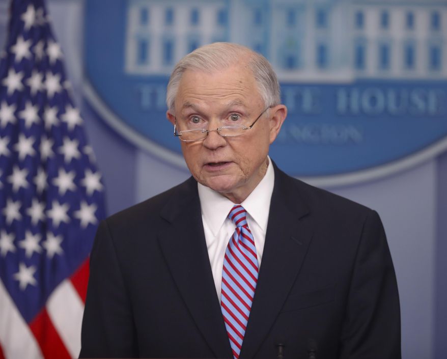 FILE - In this March 27, 2017 file photo, Attorney General Jeff Sessions speaks to the media during the daily briefing in the Brady Press Briefing Room of the White House in Washington. The Trump administration issued a fresh threat to withhold or revoke law enforcement grant money from communities that refuse to cooperate with federal efforts to find and deport immigrants in the country illegally.  (AP Photo/Pablo Martinez Monsivais, File)