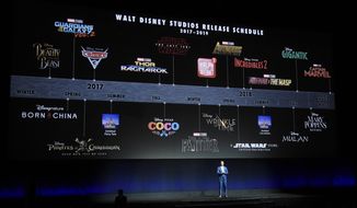 Dave Hollis, executive vice president of theatrical exhibition sales and distribution for Walt Disney Studios, speaks underneath a timeline of Walt Disney Studios&#39; upcoming film releases during their presentation at CinemaCon 2017 at Caesars Palace on Tuesday, March 28, 2017, in Las Vegas. (Photo by Chris Pizzello/Invision/AP)