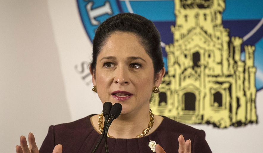 FILE - In this March 20, 2017 file photo, Illinois State Comptroller Susana Mendoza speaks to the City Club of Chicago in Chicago. A judge has ruled that Mendoza must pay lawmakers even though the state doesn't have a budget. Cook County Circuit Judge Rodolfo Garcia ruled in favor of Illinois legislators Thursday, March 23, 2017, citing a 2014 law passed after then-Gov. Pat Quinn withheld paychecks over pension reform. Mendoza said she planned to comply with the order. (Rich Hein/Sun Times via AP File)