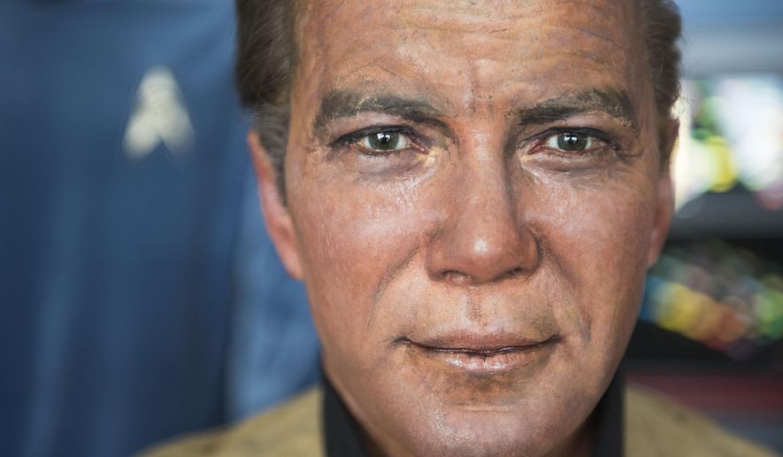 This Saturday, March 25, 2017 photo shows a close up of Captain Kirk's wax likeness from the now out of business Movieland Wax Museum in Buena Park in a hangar at Fullerton Airport in Fullerton, Calif. Steven Greenthal and Chris Liebl are donating the figures to the Hollywood Science Fiction Museum. The figures are being restored for a five-year tour to raise money to get the museum a permanent home. (Nick Agro/The Orange County Register via AP)