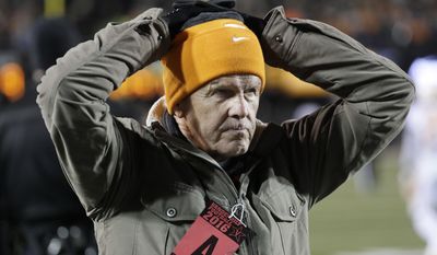 FILE - In this Nov. 26, 2016, file photo, Tennessee athletic director Dave Hart reacts to a play during Tennessee&#x27;s 45-34 loss to Vanderbilt in an NCAA college football game in Nashville, Tenn. Hart heads into his final days as Tennessee&#x27;s athletic director confident in his belief that he&#x27;s leaving the program in better shape than when he arrived in 2011. Hart announced in August that he was stepping down, and his last official day on the job is Friday, March 31, 2017. He will be replaced by former Kansas State athletic director John Currie. (AP Photo/Mark Humphrey, File)
