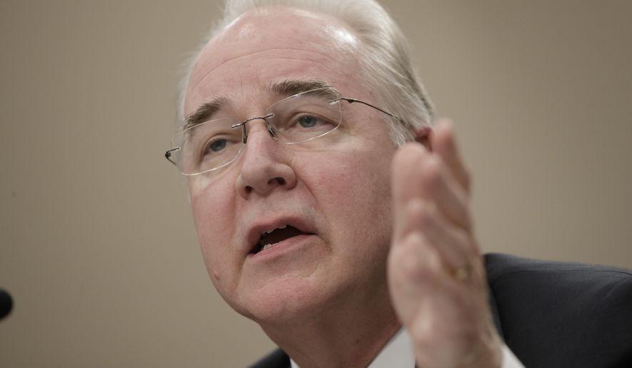 Health and Human Services Secretary Tom Price, a doctor and former congressman, testifies on Capitol Hill in Washington, Wednesday, March 29, 2017, before a House Appropriations subcommittee hearing to outline the Trump administration&#x27;s proposals to trim the HHS budget. (Associated Press) **FILE**
