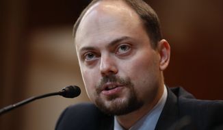 Russian opposition politician Vladimir Kara-Murza, a vocal critic of Russian President Vladimir Putin, testifies on Capitol Hill in Washington, Wednesday, March 29, 2017, before the Senate Appropriation Committee hearing on &amp;quot;Civil Society Perspectives on Russia.&amp;quot;  (AP Photo/Manuel Balce Ceneta) ** FILE **