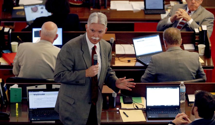 Rep. Jeff Collins speaks against HB 142 as it is debated on the House floor in the General Assembly in Raleigh, NC on Thursday, March 30, 2017. It is a bill to replace the controversial HB2. The bill passed the Senate, and then went to the House, where it also passed. (Chris Seward/The News & Observer via AP)