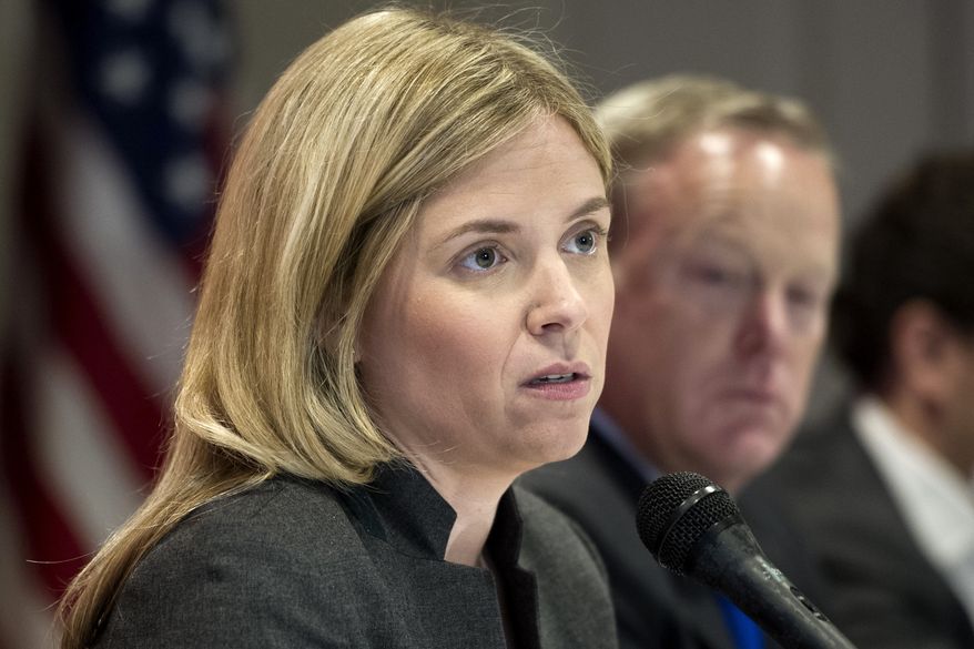 FILE - In this Nov. 14, 2016 file photo, Katie Walsh appears at a post-election press briefing to discuss the RNC's role in the election, at the Capitol Hill Club in Washington. Walsh, a top aide to President Donald Trump is exiting the administration. Two senior White House officials said Thursday, March 30, 2017, that Deputy Chief of Staff Katie Walsh was leaving for a private sector role. (AP Photo/Cliff Owen, File)