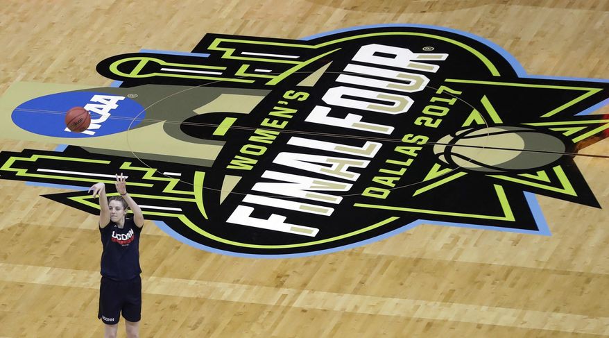 Connecticut forward Katie Lou Samuelson shoots during a practice session for the women's NCAA Final Four college basketball tournament, Thursday, March 30, 2017, in Dallas. Connecticut will play Mississippi State on Friday. (AP Photo/Eric Gay)