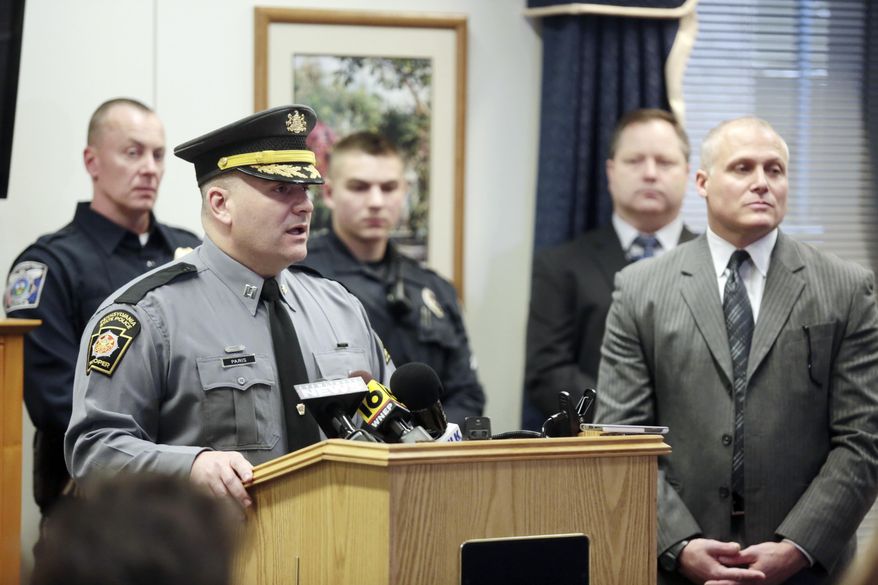 Pennsylvania State Police Captain Christopher Paris answers questions during a press conference about the disappearance of federal judge Edwin Kosik, 91, in the William J. Nealon Federal Building and U.S. Courthouse in Scranton, Pa., on Thursday, March 30, 2017. (Jake Danna Stevens / The Times-Tribune, Via AP)