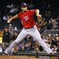 FILE - In this Sept. 24, 2016 file photo, Washington Nationals relief pitcher Blake Treinen delivers in the ninth inning of a baseball game against the Pittsburgh Pirates in Pittsburgh. Treinen will start the season as the closer for the Washington Nationals. The 28-year-old Treinen, a right-hander, has one career save.  (AP Photo/Gene J. Puskar, File)