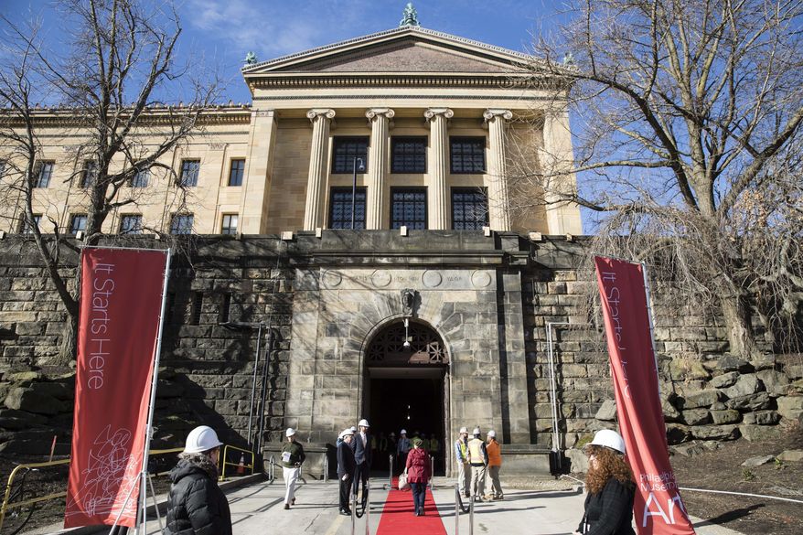 Guests arrive at the North Entrance for a groundbreaking ceremony for planned renovations of the Philadelphia Museum of Art in Philadelphia, Thursday, March 30, 2017. (AP Photo/Matt Rourke)