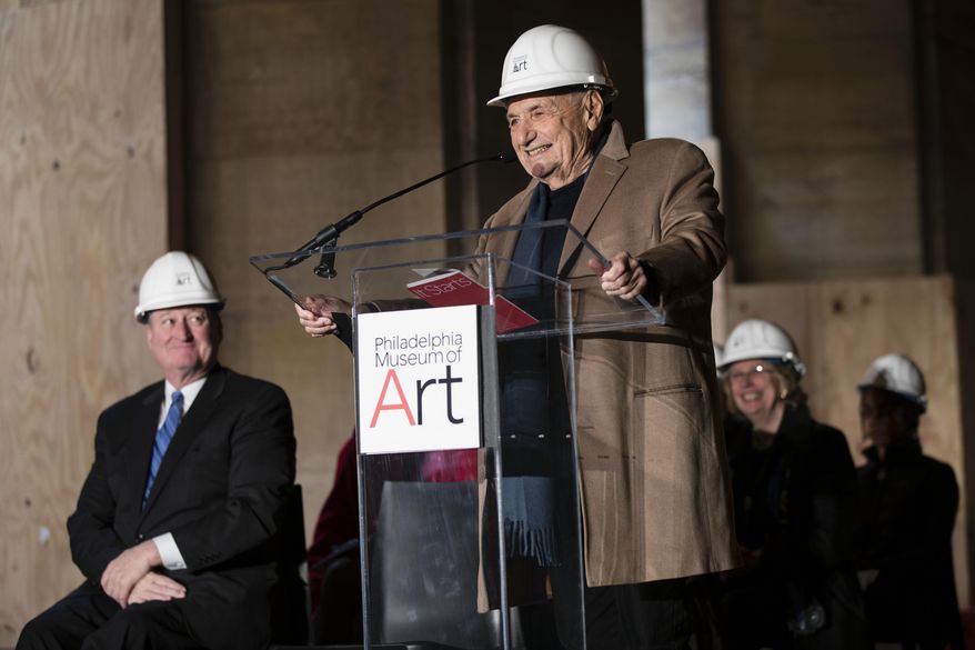 Architect Frank Gehry, right, speaks as Mayor Jim Kenney listens during a groundbreaking ceremony for planned renovations and transformation of the Philadelphia Museum of Art in Philadelphia, Thursday, March 30, 2017. (AP Photo/Matt Rourke)