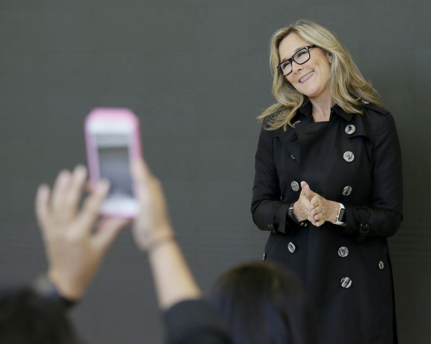Angela Ahrendts, 57, the senior vice president of retail at Apple Inc. She was the CEO of Burberry from 2006 to 2014. Ahrendts was ranked 25th in Forbes&#x27; 2015 list of the most powerful women in the world, 9th most powerful woman in the U.K. in the BBC Radio 4 Woman’s Hour 100 Power List, and 29th in Fortune’s 2014 list of the world&#x27;s most powerful women in business. (AP Photo)