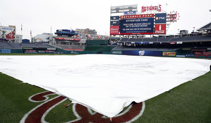 A tarp covers the field as it is announced the Washington Nationals-Boston Red Sox exhibition baseball game was canceled at Nationals Park, Friday, March 31, 2017, in Washington. (AP Photo/Alex Brandon)