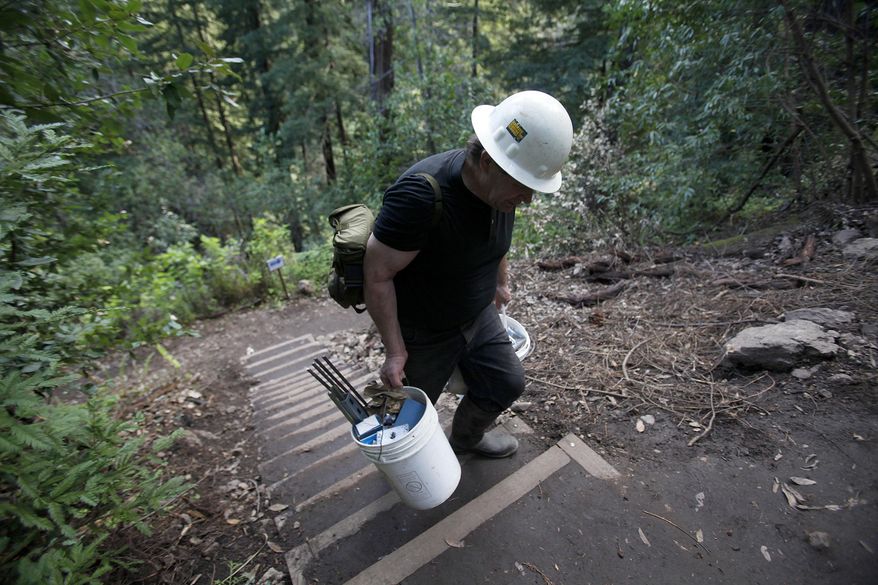 In this photo taken Thursday, March 30, 2017, contractor Tom Massaglia hauls construction equipment up the new Pfeiffer Canyon foot trail that is open to residents traveling around the former Pfeiffer Canyon bridge in Big Sur, Calif. A Big Sur access foot trail has reconnected the two parts of the town that were divided after a bridge collapsed recently. Heavy rains this winter damaged the span on iconic Highway 1 beyond repair, splitting the touristy area in two and stranding more than 400 residents on one side. Visitors have been blocked from reaching part of the community known for its luxury spas, posh hotels and scenic retreats. (Vern Fisher/Monterey Herald via AP)