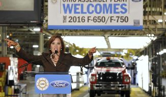 FILE – In this Aug. 12, 2015, file photo, Ohio Lt. Gov. Mary Taylor speaks in front of Ford Motor Co.&#39;s 2016 Ford F-650 truck, a medium-duty model previously built in Mexico, at the company&#39;s Ohio Assembly Plant in Avon Lake, Ohio. Taylor is stepping down as the state&#39;s insurance director. Gov. John Kasich announced Friday, March 31, 2017,  that Taylor was leaving her job as director of the Ohio Department of Insurance effective Friday. The governor has named department&#39;s deputy director, Jillian Froment, as the new director. (AP Photo/David Richard, File)
