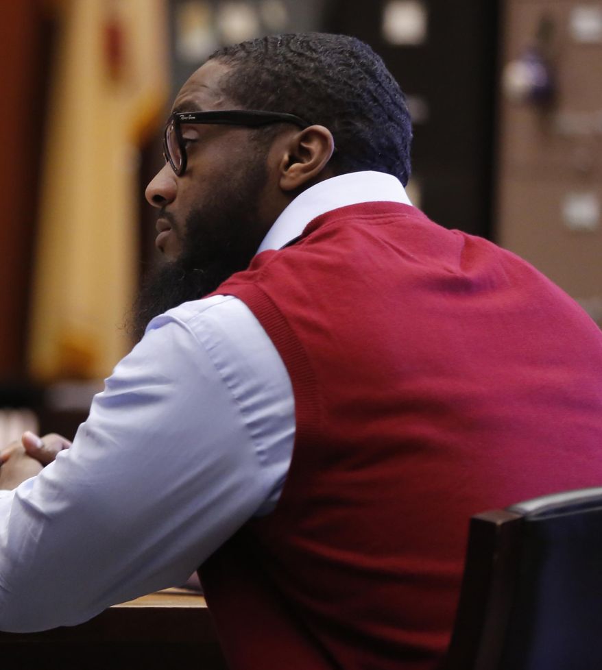 Basim Henry sits at the defense table as the jury hearing his case continues to deliberate for the second day Thursday, March 30, 2017, Newark, N.J. Henry is one of four men charged in the death of Dustin Friedland. The 30-year-old attorney from Hoboken, Friedland, was returning to his Range Rover in the mall parking garage with his wife, who was unharmed. (Bob Sciarrino/NJ Advance Media via AP, Pool)