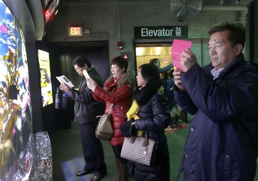 In this March 27, 2017 photo, tourists from China take pictures at the New England Aquarium in Boston. In cities across the country, the American hospitality industry is stepping up efforts to make Chinese visitors feel more welcome. (AP Photo/Elise Amendola)
