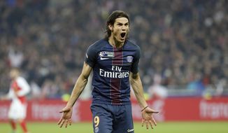 PSG&#x27;s Roberto Edinson Cavani reacts during the League Cup final soccer match between PSG and Monaco in Decines, near Lyon, central France, Saturday, April 1, 2017. (AP Photo/Laurent Cipriani)