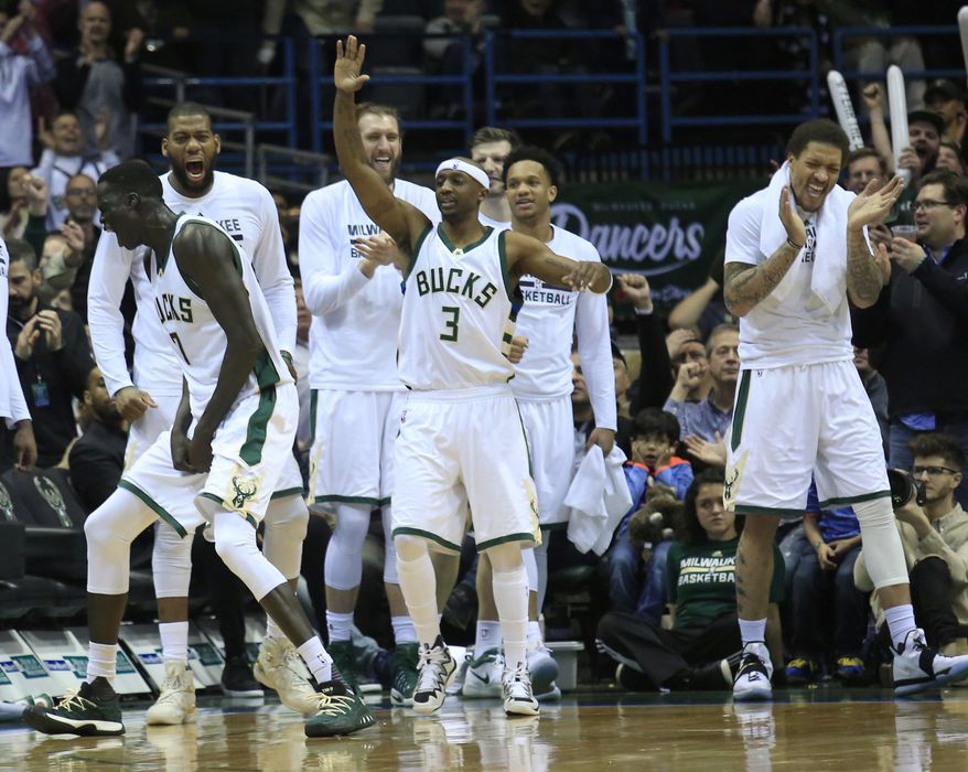 The Milwaukee Bucks react after a defensive play against the Detroit Pistons during overtime of an NBA basketball game Friday, March 31, 2017, in Milwaukee. (AP Photo/Darren Hauck)