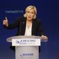 Far-right candidate for the presidential election Marine Le Pen delivers a speech during a meeting in Bordeaux, southwestern France, Sunday, April 2, 2017. Polls suggest that Le Pen and independent centrist Emmanuel Macron are the two top contenders in the election. The top two vote-getters on April 23 will compete in a presidential runoff on May 7. (AP Photo/Bob Edme)