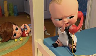 This image released by DreamWorks Animation shows characters Tim, voiced by Miles Bakshi, and Boss Baby, voiced by Alec Baldwin in a scene from the animated film, &amp;quot;The Boss Baby.&amp;quot; (DreamWorks Animation via AP)