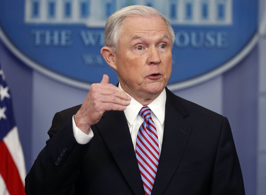 In this March 27, 2017, file photo, Attorney General Jeff Sessions speaks in the Brady Press Briefing Room of the White House in Washington. The Trump administration issued a stern warning to U.S. companies as they began applying for coveted skilled-worker visas Monday, cautioning that it would investigate and prosecute employers that overlook qualified American workers for the jobs. (AP Photo/Pablo Martinez Monsivais, File)