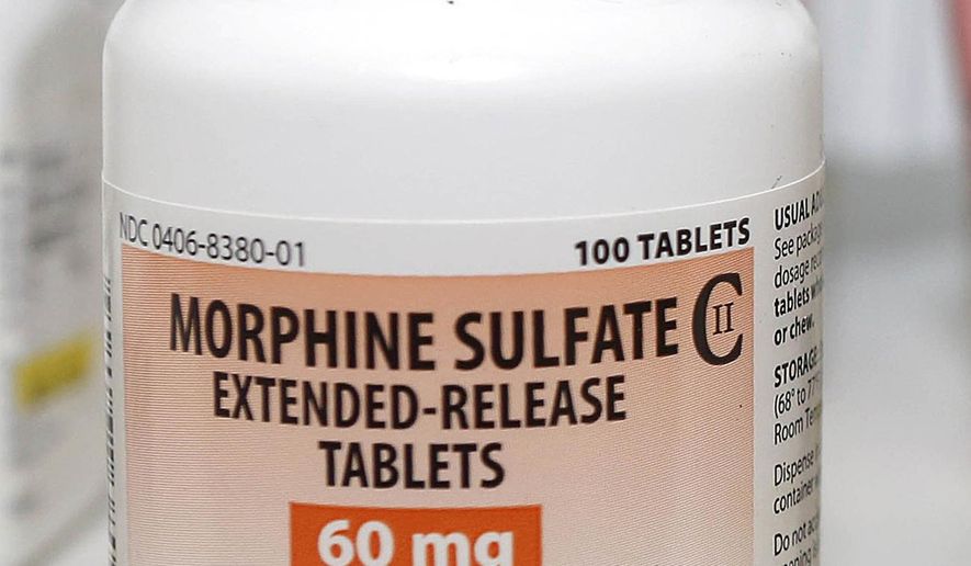 FILE - This Jan. 18, 2013, file photo shows a bottle of Morphine Sulfate, made by the pharmaceutical company Mallinckrodt PLC, in Carmichael, Calif. The Dublin, Ireland-based company, which sells a number of powerful opioid painkillers, has agreed to pay the U.S. government $35 million to resolve a probe of its distribution of those drugs. Mallinckrodt didn’t admit any wrongdoing, as is common with deals ending federal probes of companies. (AP Photo/Rich Pedroncelli, File)