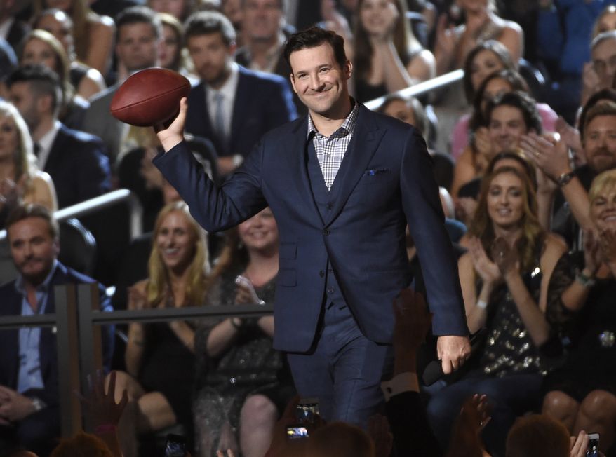 FILE - In this April 19, 2015, file photo, Tony Romo walks on stage at the 50th annual Academy of Country Music Awards at AT&amp;T Stadium, in Arlington, Texas. A person with knowledge of the decision says Romo is retiring rather than trying to chase a Super Bowl with another team after losing his starting job with the Dallas Cowboys. The all-time passing leader for the storied franchise is headed to the broadcast booth after considering those offers. The person spoke to The Associated Press on condition of anonymity Tuesday, April 4, 2017, because Romo&#39;s decision hasn&#39;t been announced. (Photo by Chris Pizzello/Invision/AP, File)