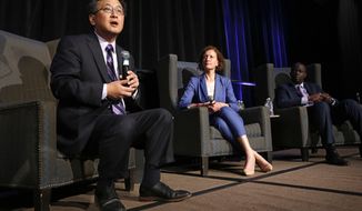 State Treasurer John Chiang, a candidate for California governor, speaks at a gubernatorial candidates forum, Tuesday, April 4, 2017, in Sacramento, Calif. Chiang, along with fellow Democratic gubernatorial candidates, Lt. Gov. Gavin Newsom and former Los Angeles Mayor Antonio Villaraigosa, addressed attendees at a conference held by Crime Survivors For Safety and Justice. In the center is Lenore Anderson, founder and executive director of Crime Survivors For Safety and Justice and at right is Alex Johnson, the managing director.(AP Photo/Rich Pedroncelli).