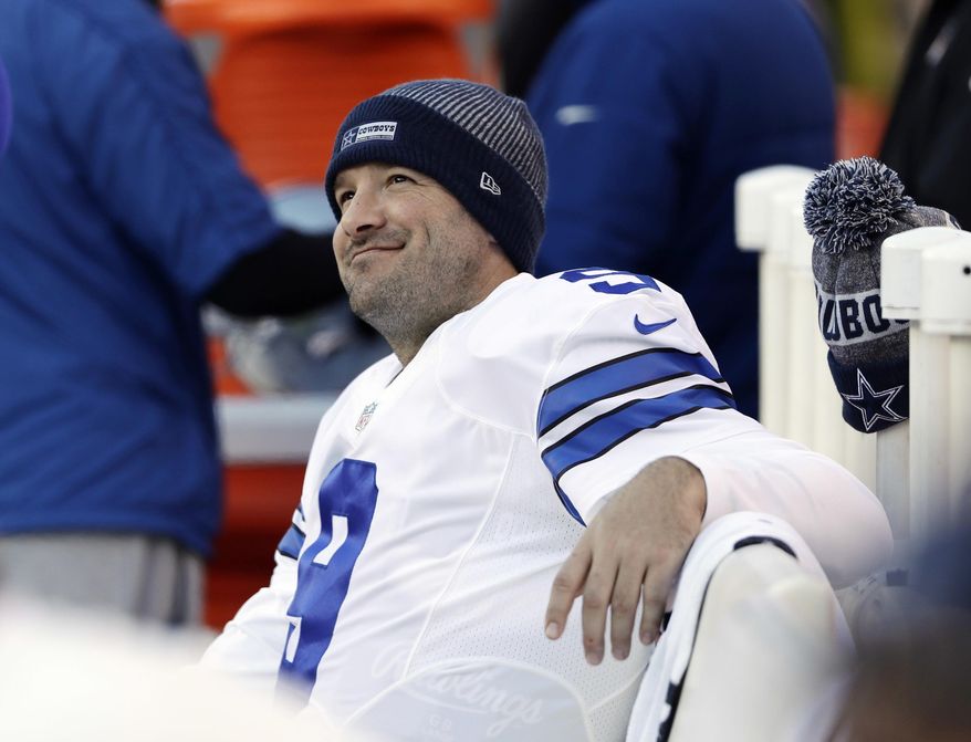 FILE - In this Jan. 1, 2017, file photo, Dallas Cowboys' Tony Romo smiles on the bench during the second half of an NFL football game against the Philadelphia Eagles in Philadelphia. (AP Photo/Matt Rourke, File) **FILE**