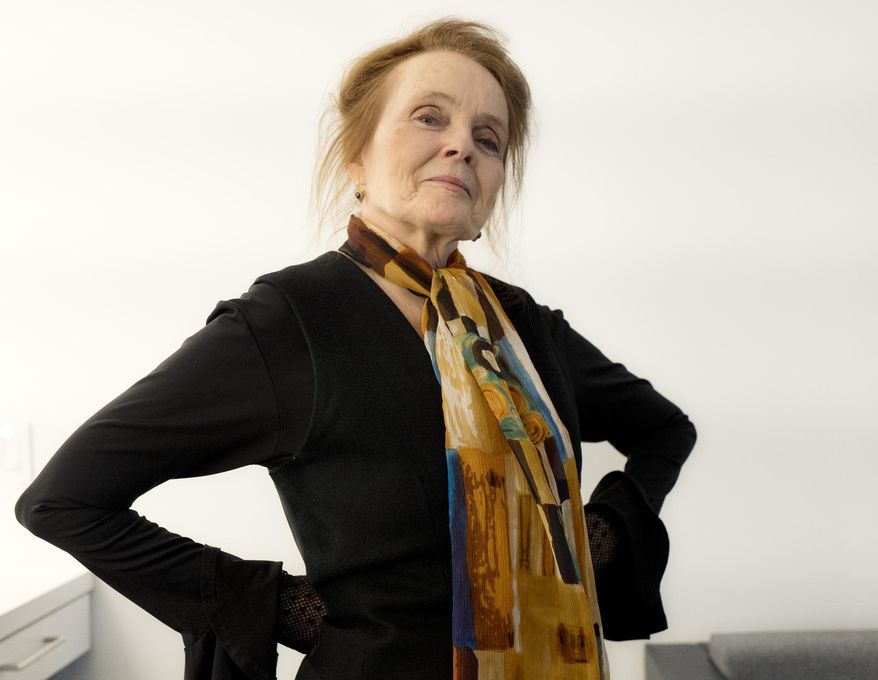 In this March 9, 2017, photo, actress and playwright Katharine Houghton, who starred in the 1967 film "Guess Who's Coming to Dinner" with Sidney Poitier, poses for photographs in New York. The film, which earned 10 Oscar nominations (winning two) and landed among the 100 greatest movies by the American Film Institute, is celebrating its 50th anniversary. (AP Photo/Mark Lennihan)