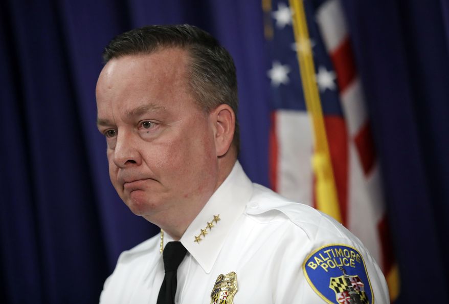 Baltimore Police Department Commissioner Kevin Davis speaks at a news conference at the department's headquarters in Baltimore, Tuesday, April 4, 2017, in response to the Department of Justice's request for a 90-day delay of a hearing on its proposed overhaul of the police department. (AP Photo/Patrick Semansky)