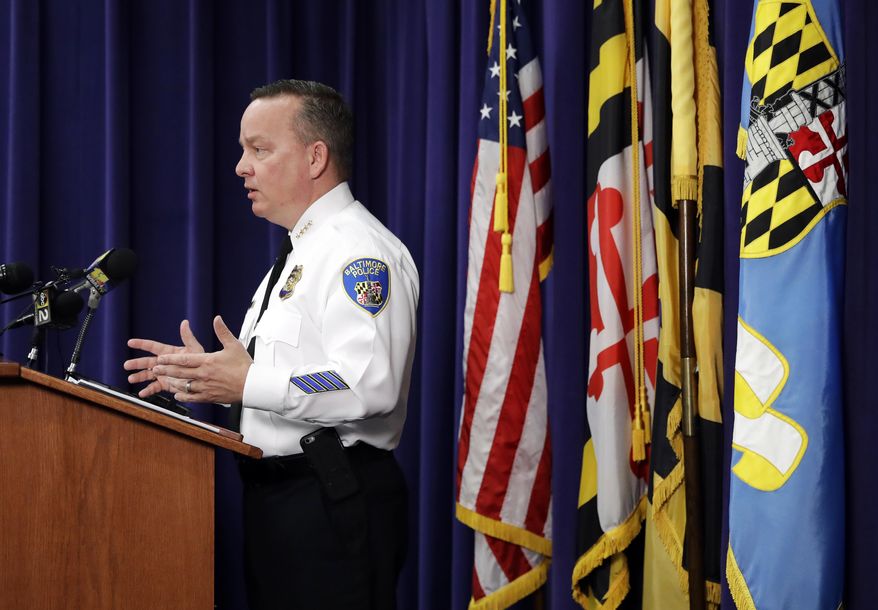 Baltimore Police Department Commissioner Kevin Davis speaks at a news conference at the department's headquarters in Baltimore, Tuesday, April 4, 2017, in response to the Department of Justice's request for a 90-day delay of a hearing on its proposed overhaul of the police department. (AP Photo/Patrick Semansky)