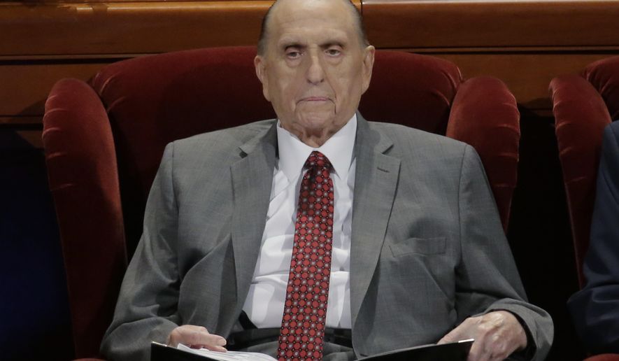 FILE - In this Saturday, April 1, 2017, file photo, The Church of Jesus Christ of Latter-day Saints President Thomas S. Monson looks on during the morning session of the two-day Mormon church conference in Salt Lake City. The 89-year-old president of the Mormon church has been hospitalized in Salt Lake City a spokesman for the church said Tuesday. (AP Photo/Rick Bowmer, File)