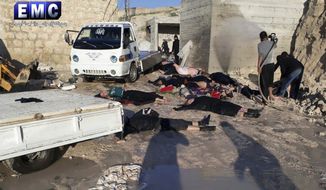 This photo provided Tuesday, April 4, 2017 by the Syrian anti-government activist group Edlib Media Center, which has been authenticated based on its contents and other AP reporting, shows  victims of a suspected chemical attack, in the town of Khan Sheikhoun, northern Idlib province, Syria. The suspected chemical attack killed dozens of people on Tuesday, Syrian opposition activists said, describing the attack as among the worst in the country&#39;s six-year civil war. (Edlib Media Center, via AP)