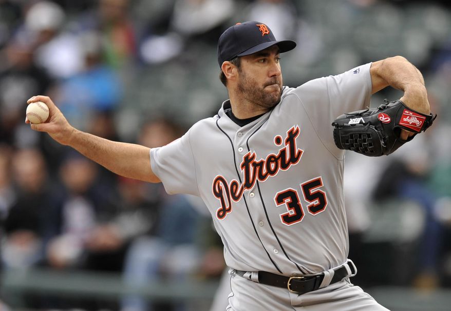 Detroit Tigers starting pitcher Justin Verlander delivers a pitch during the first inning of a baseball game against the Chicago White Sox on opening day Tuesday, April 4, 2017, in Chicago. (AP Photo/Paul Beaty)