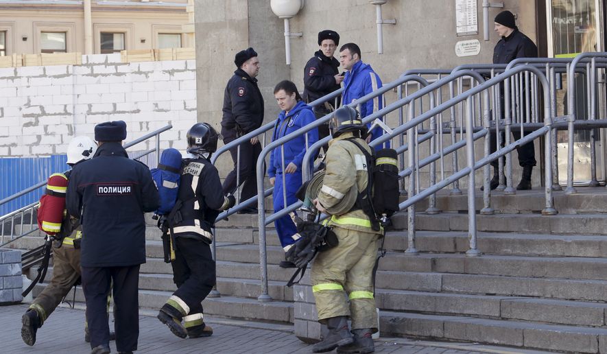 Security is still tightened at Sennaya subway station in St. Petersburg, Russia, Wednesday, April 5, 2017. Investigators searched for possible accomplices of a 22-year-old native of the Central Asian country of Kyrgyzstan identified as the suicide bomber in the St. Petersburg subway, as residents came to grips with the first major terrorist attack in Russia&#39;s second-largest city since the Soviet collapse. (AP Photo/Dmitri Lovetsky)