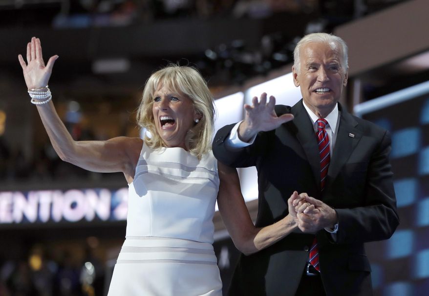 In this July 27, 2016, file photo, Dr. Jill Biden and Vice President Joe Biden wave after speaking to delegates during the third day session of the Democratic National Convention in Philadelphia. Flatiron Books said Wednesday, April 5, 2017, that it will release two books by Joe Biden and one by Jill. Joe Biden’s first book will “explore one momentous year,” 2016, when his son Beau died and he decided against running for president. The book is currently untitled and no release date was announced. (AP Photo/Carolyn Kaster, File)